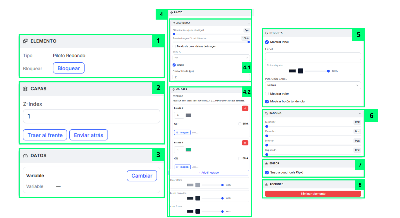 Piloto Redondo · Propiedades del Widget