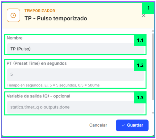 ⏱ TP (Pulso) · Propiedades del Nodo