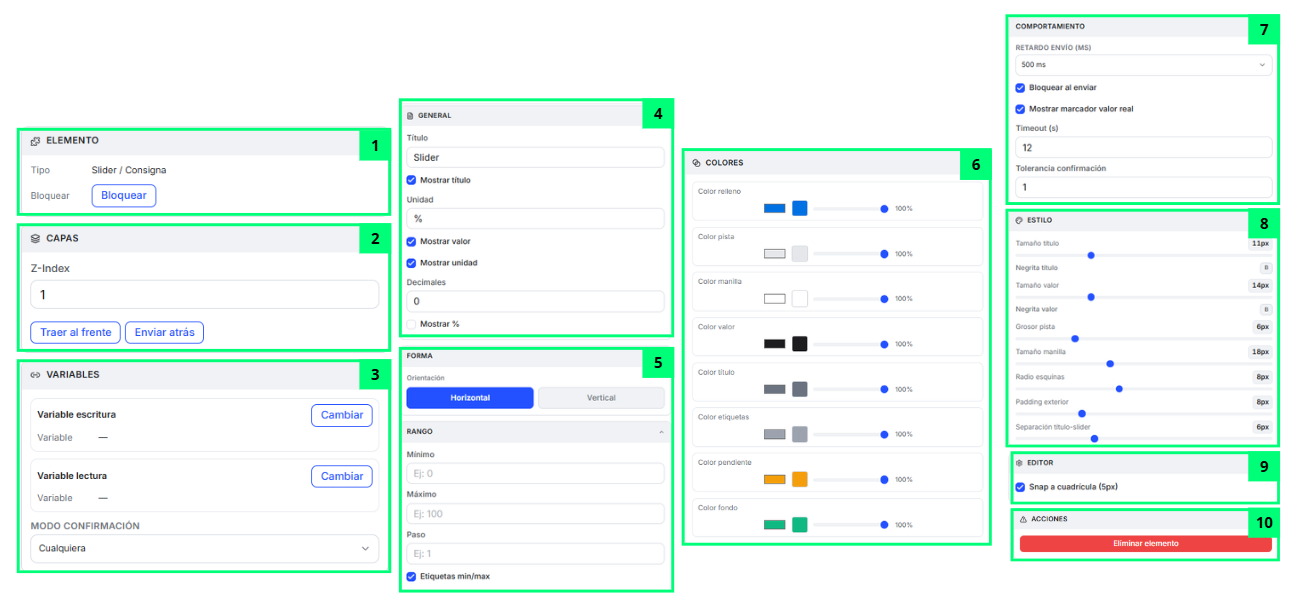 Slider / Consigna · Propiedades del Widget