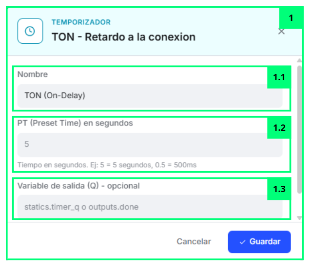 ⏱ TON (On-Delay) · Propiedades del Nodo